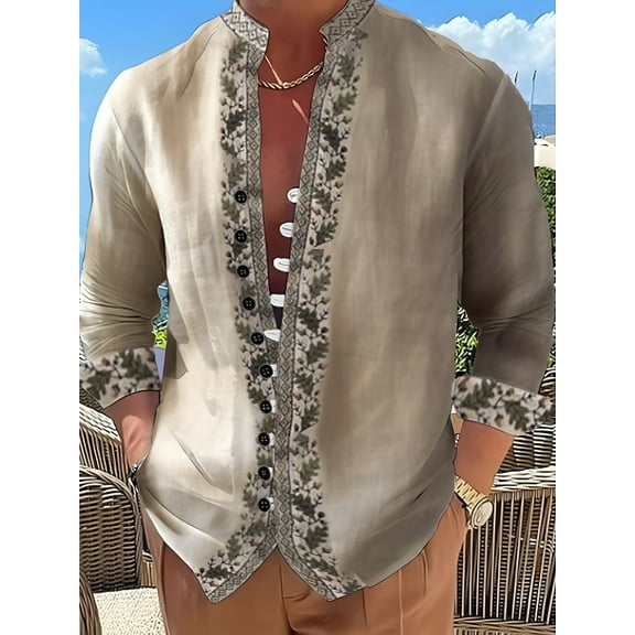 Men's Retro Shirt Vintage Style Stand Collar Long Sleeve Shirts Fashion Native Pattern Button Blouse Hawaiian Beach Top Gray L