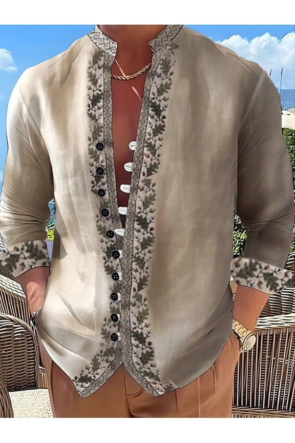 Men's Retro Shirt Vintage Style Stand Collar Long Sleeve Shirts Fashion Native Pattern Button Blouse Hawaiian Beach Top Gray M