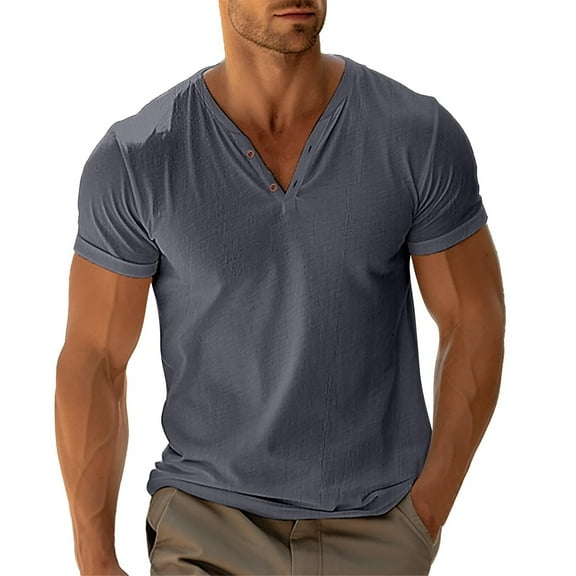 Men's Retro Short Sleeve V-Neck T-Shirt - Solid Color with Tie Design, Lightweight for All Seasons, Roomy Chest/Waist Fit