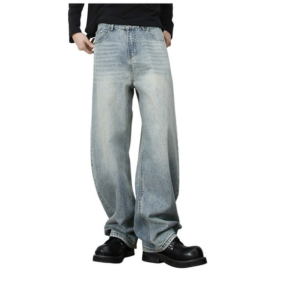Men's Retro Silhouette Washed Scimitar Jeans Loose Straight Wide Leg Trousers