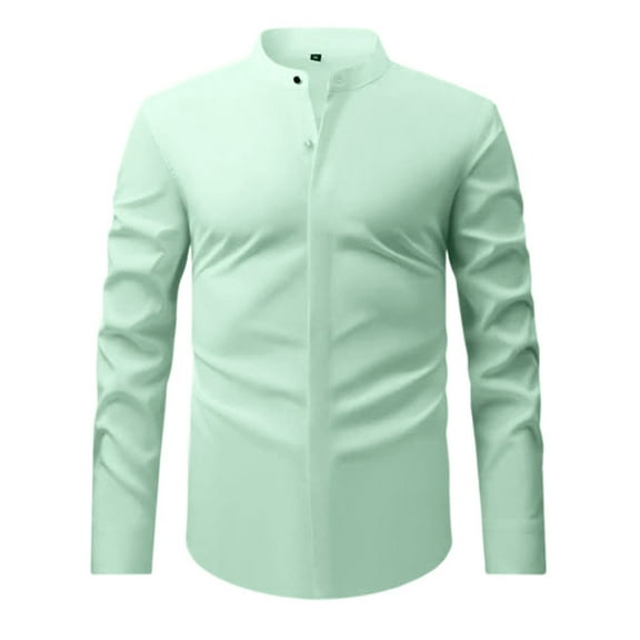 Men's Retro Stand Collar Long Sleeve Stretch Shirt Comfortable Business Casual Formal Wear Stylish Top Slim Fit Button Down Classic Daily Wear Mens Summer Lightweight Pullover Tee Shirts