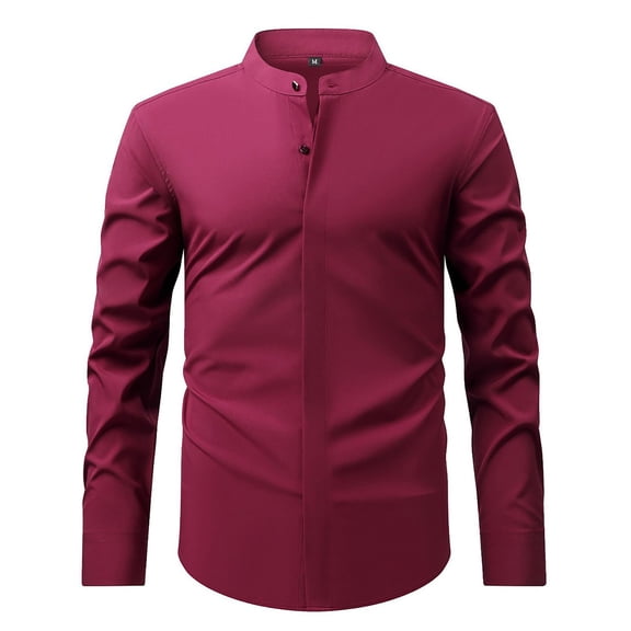 Men's Retro Stand Collar Long Sleeve Stretch Shirt Comfortable Business Casual Formal Wear Stylish Top Slim Fit Button Down Classic Daily Wear Mens Summer Lightweight Pullover Tee Shirts