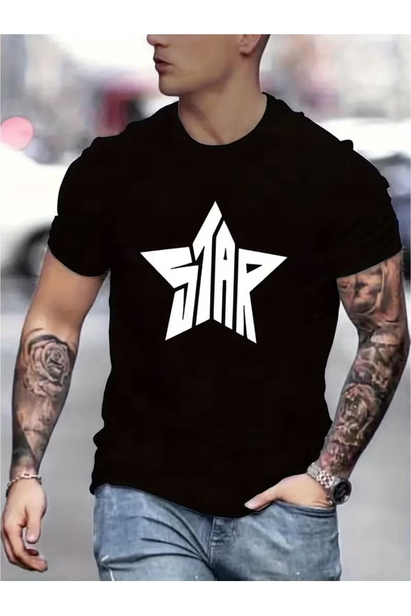 Men's Retro Star Graphic T-Shirt Casual Black Short Sleeve Streetwear Fashion Tee