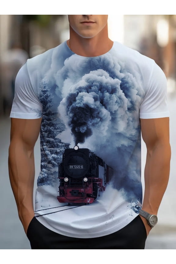Men's Retro Steam Train Pattern T-Shirt - 100% Polyester Regular Short Sleeve Crew Neck, Breathable, Machine Washable for Summer Leisure Travelers