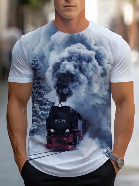 Men's Retro Steam Train Pattern T-Shirt - 100% Polyester Regular Short Sleeve Crew Neck, Breathable, Machine Washable for Summer Leisure Travelers