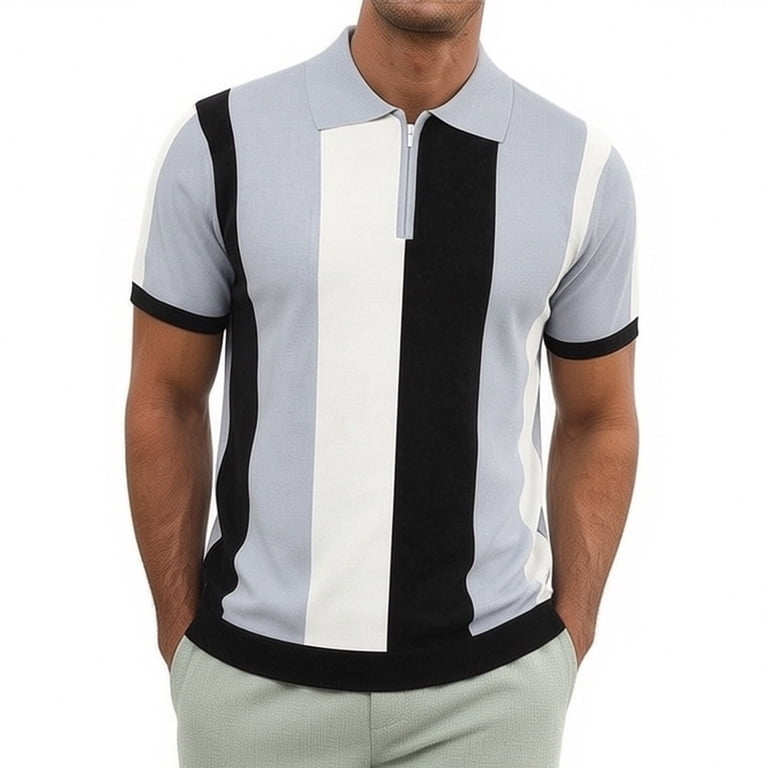 Men's Retro Striped Knit Polo Shirt, Quarter Zip Short Sleeve