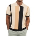 thumbnail image 1 of Men's Retro Striped Knit Polo Shirt, Quarter Zip Short Sleeve Casual Business Top, Breathable Soft Fabric for office, Daily and Semi-formal Wear, Sizes S-5XL Khaki, 1 of 4