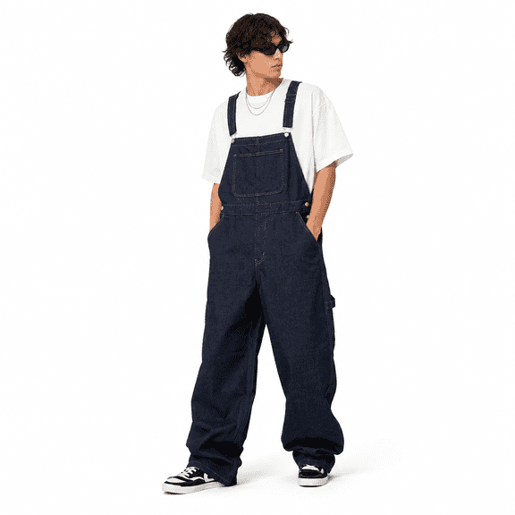 Men's Retro Style Baggy Denim Bib Overalls - Casual Loose Adjustable Suspenders Overalls (S-3XL) | Dark Wash Contrast Stitch Streetwear Workwear Overalls for Men