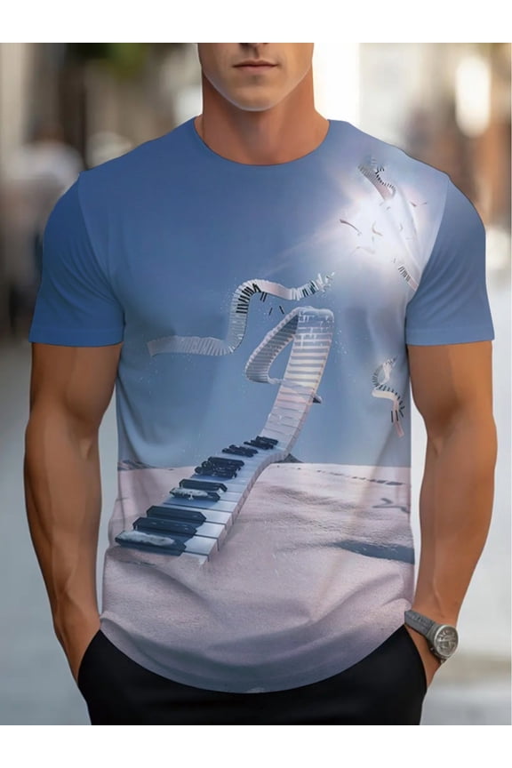 Men's Retro Style Pattern T-Shirt Piano and Music Symbol Design Soft Comfortable Short Sleeve Casual Blue Sky Print Crew Neck Regular Musician T-Shirt