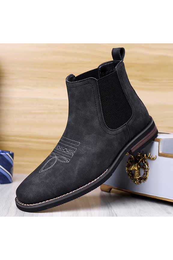 Men's Retro Suede Slip On Chelsea Ankle Boots, Decorative Stitching Elastic Side Panel Mid Calf Martin Boots for Daily Wear