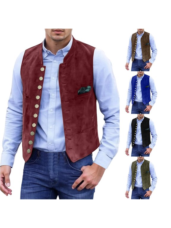 Men's Retro Suede Vest Multi Button Casual Outerwear British Style Slim Fit Waistcoat for Wedding Oktoberfest