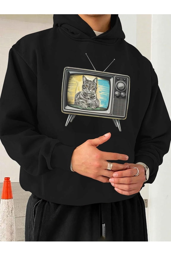 Men's Retro TV & Cat Sketch Hoodie - Vintage 80s/90s Inspired Casual Sweatshirt, Soft Knit Fabric, Machine Washable, Black with Iconic TV Show Characters (No-Zip Hooded Pullover)