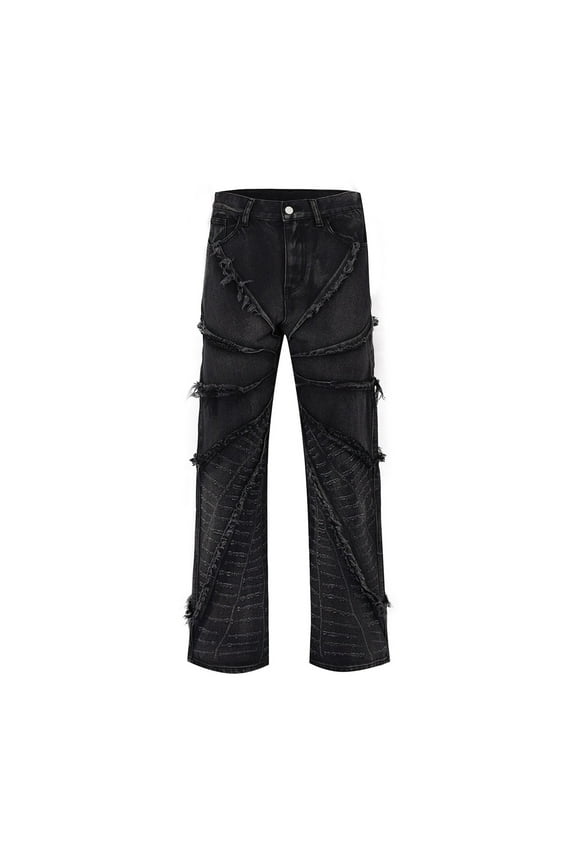 Men's Retro Tattered Denim Street Pants - Torn Black Jeans with Ripped Edges and Lattice Pattern Design
