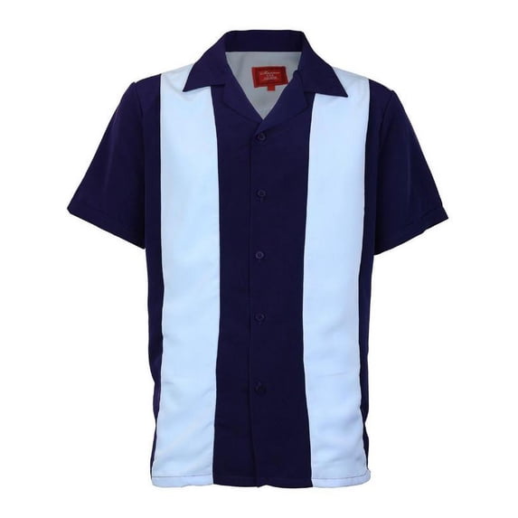 Men's Retro Two Tone Bowling Dress Shirt Light Blue Stripe / Navy Large