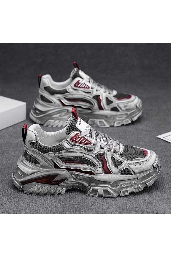 Men's Retro Vintage Distressed Chunky Sneakers - Grey & Maroon Colorway, Thick Cushioned Sole, Breathable PU/Fabric Upper, Lace-Up Low-Top Design for All-Season Casual, Hiking & Light Exercise