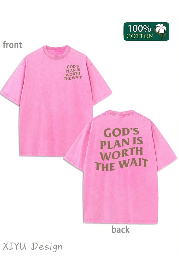 Men's Retro Washed T-Shirt With Simple Text And _GOD'S PLAN IS WORTH THE WAIT_ Letter Pattern, Comfortable Pure Cotton T-Shirt, Fashionable And Versatile, Daily Casual Wear, Fashio