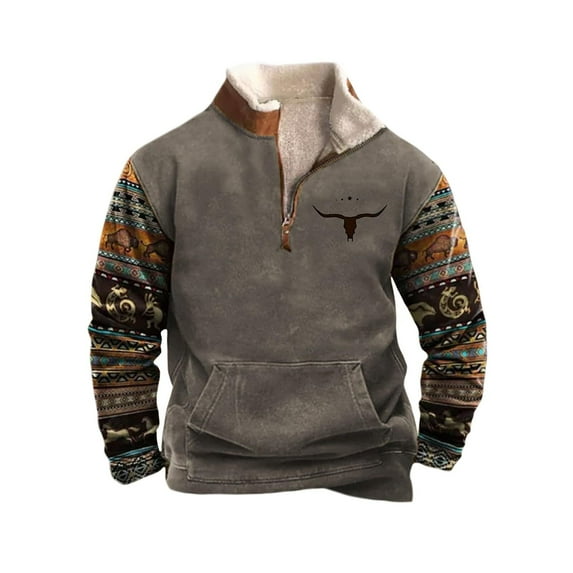 Men's Retro Western Sweatshirt - Zip-up Lapel with Personalized Print,M,grey