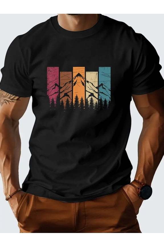 Men's Retro Wildlife Forest Graphic T-Shirt - Short Sleeve Casual Tee with Vibrant Nature Print, Breathable Regular Fit for Summer Outdoor Activities, Camping T Shirts, Natureinspired Design |