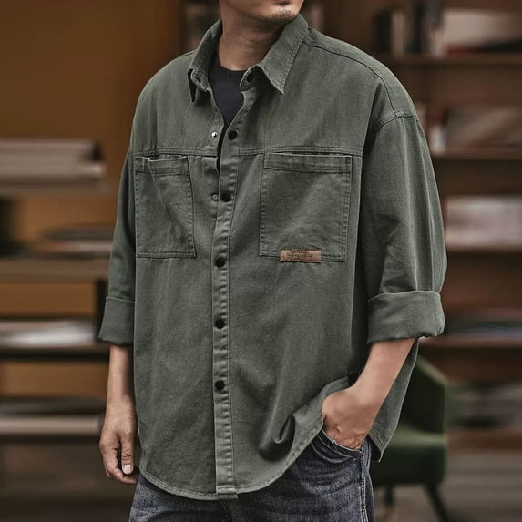 Men's Retro Work Shirt Jacket, Long Sleeve Button Down Casual Outerwear, Loose Fit Shacket with Pockets, Relaxed Fit Trucker Style Jacket for Men Green XXXXXXL/七点