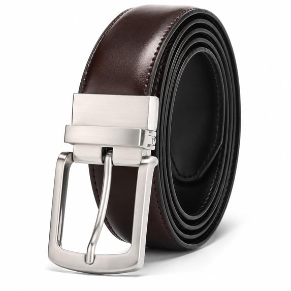 Men's Reversible Genuine Leather Belt, 1.38" Wide 2-in-1 Dress Belt with 360° Rotating Pin Buckle, Adjustable Business Casual Belt, Blue Brown Coffee, Sizes 33"-43" - TRISJEM