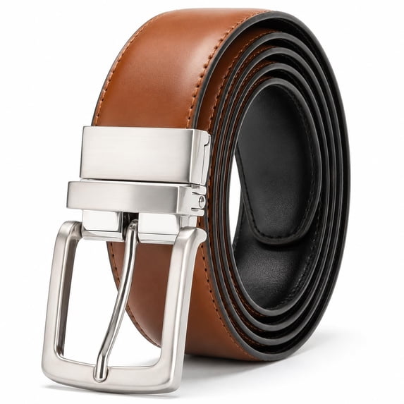 Men's Reversible Genuine Leather Belt, 1.38" Wide 2-in-1 Dress Belt with 360° Rotating Pin Buckle, Adjustable Business Casual Belt, Blue Brown Coffee, Sizes 33"-43" - TRISJEM