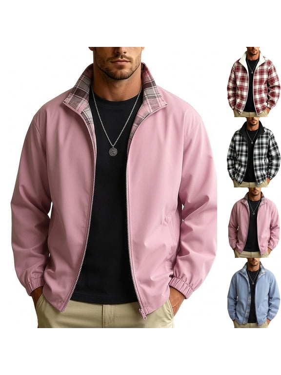 Men's Reversible Plaid Flannel Golf Jacket Windproof Waterproof Stand Collar Windbreaker Raincoat with Pockets for Daily Work Travel, Hot Pink, XXXL
