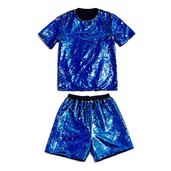 Men's Reversible Sequin Two Piece Short Sleeve Shirt Shorts Outfit Casual Parties Special Events With Sparkling Design Blue XL