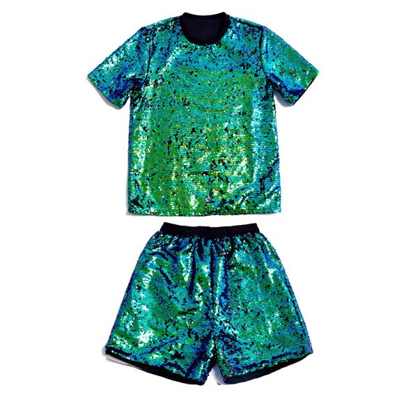 Men's Reversible Sequin Two Piece Short Sleeve Shirt Shorts Outfit Casual Parties Special Events With Sparkling Design Green M