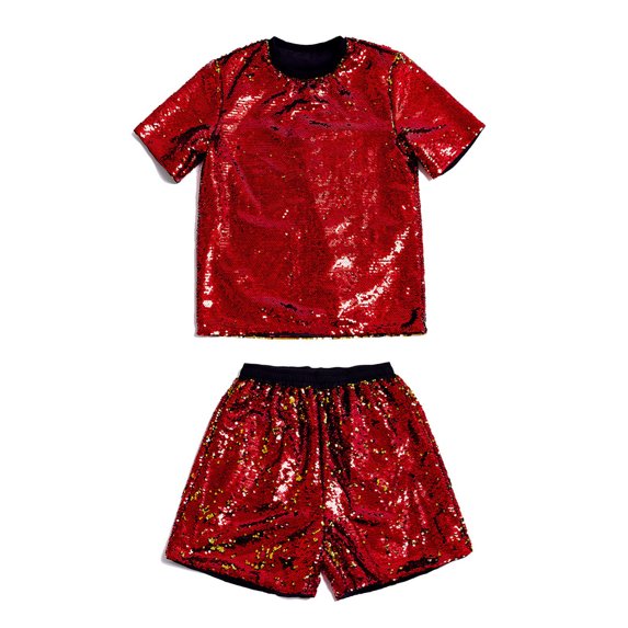 Men's Reversible Sequin Two Piece Short Sleeve Shirt Shorts Outfit Casual Parties Special Events With Sparkling Design Red L