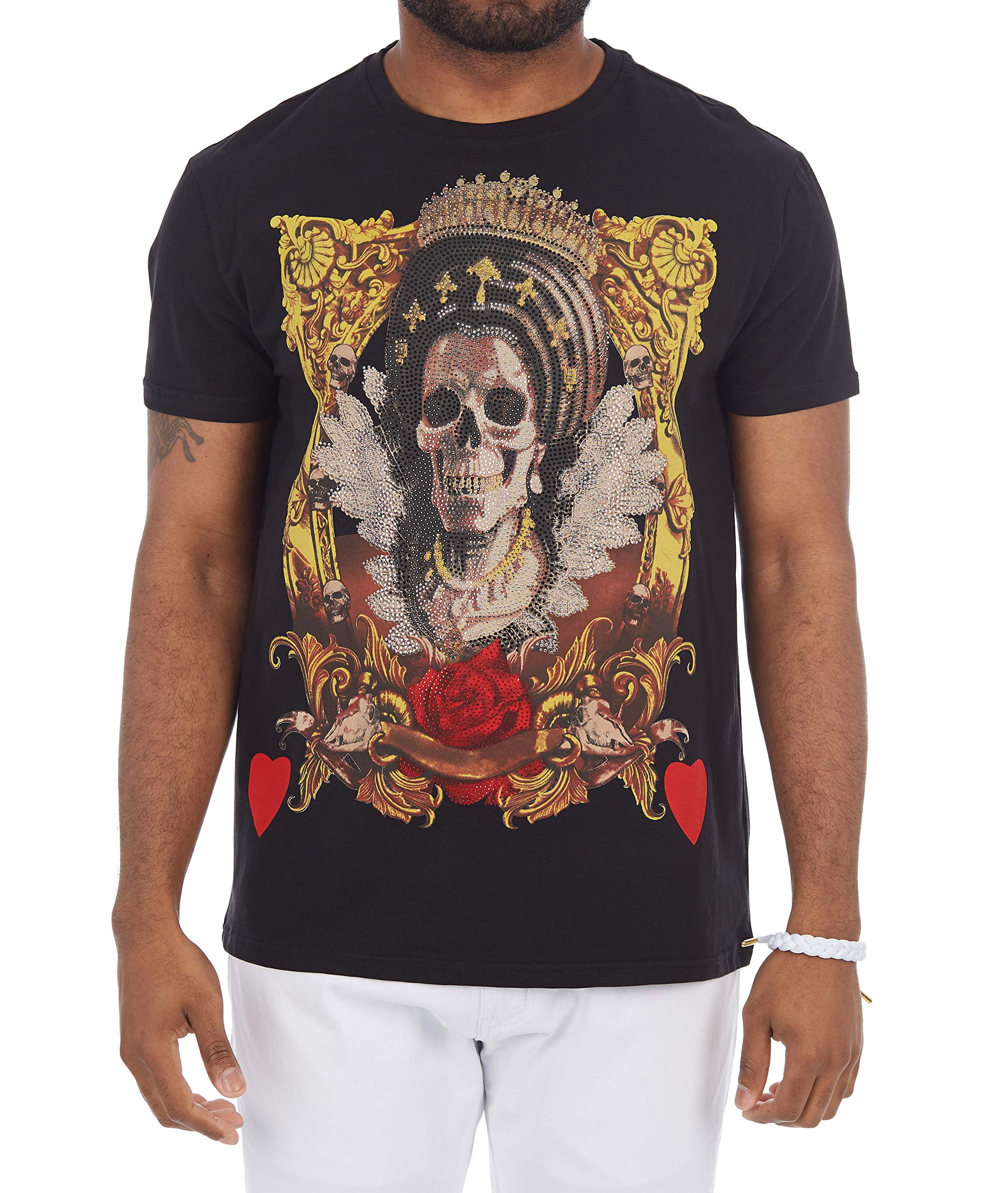 Men's Rhinestone Graphic T-Shirt, Skull Printed Bling Stone