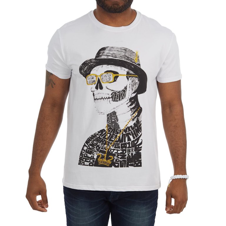 Men's Rhinestone Graphic T-Shirt, Skull Printed Bling Stone