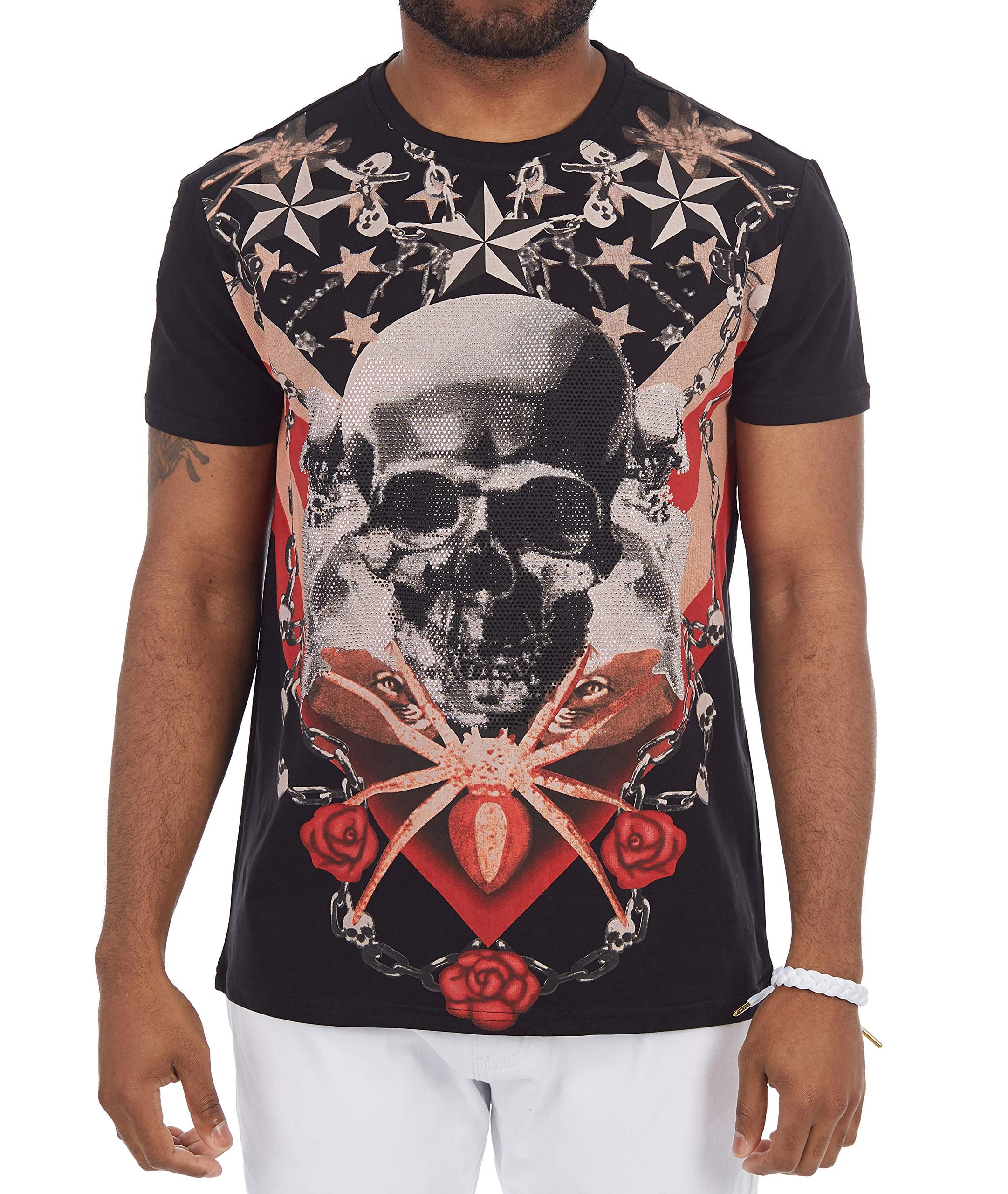 【GRANCY】Skull Rhinestone Design T-shirt Men's Rhinestone Graphic T-Shirt, Skull Printed Bling Stone