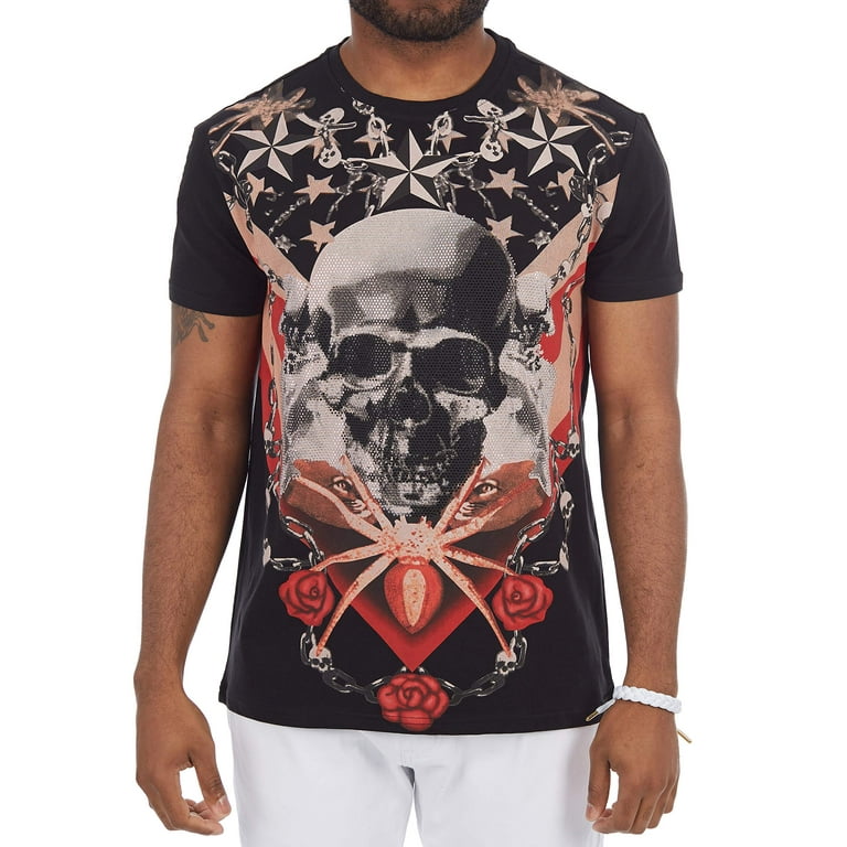 Men's Rhinestone Graphic T-Shirt, Skull Printed Bling Stone