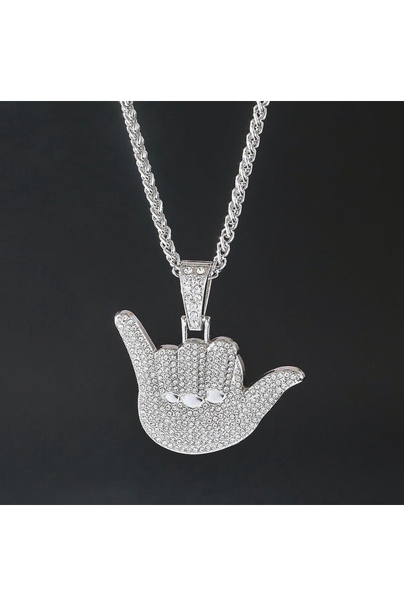 Men’s Rhinestone Hip Hop Gesture Pendant Necklace Rock Rapper Jewelry, Gothic Punk Rock Iced Out Hand Finger Sign Statement Necklace for Men