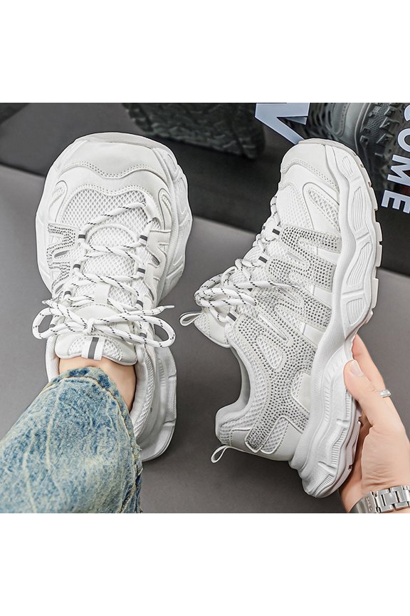 Men's Rhinestone Mesh Chunky Sneakers Shock Absorbing Non Slip Height Increasing Fashion Street Walking Shoes