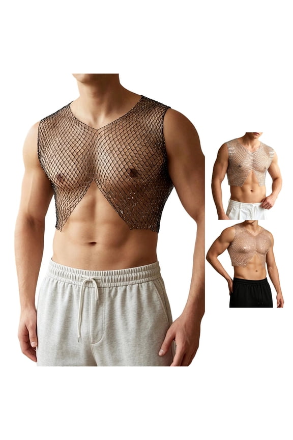 Men's Rhinestone Mesh Net Tank Top Breathable Fishnet Vest For Casual Streetwear Club Night Out Mens Sleeveless Tee Shirts