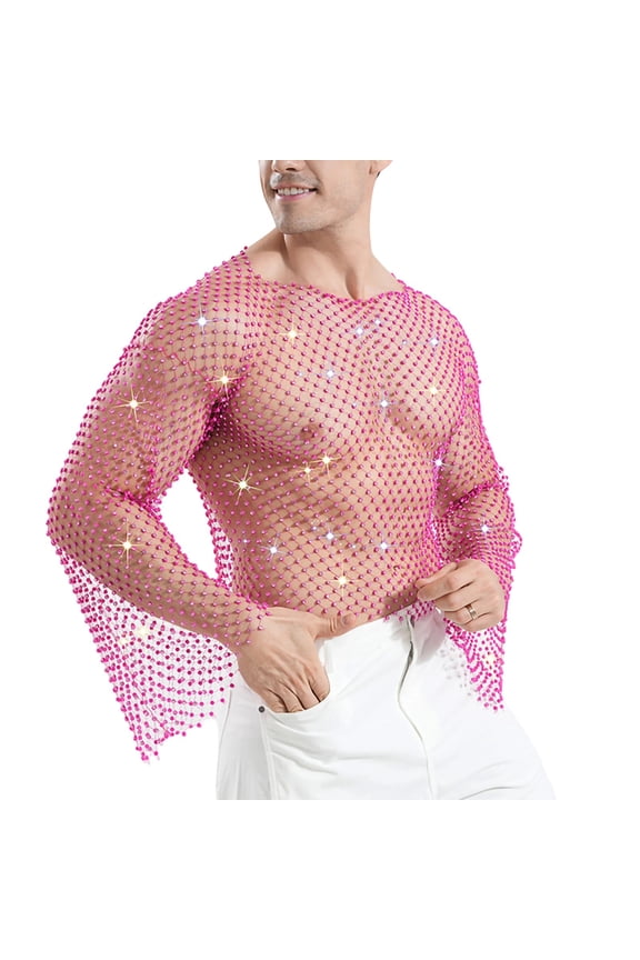 Men’s Rhinestone Mesh See Through Shirt | Sparkly Fishnet Top Breathable Clubwear T-Shirt for Men