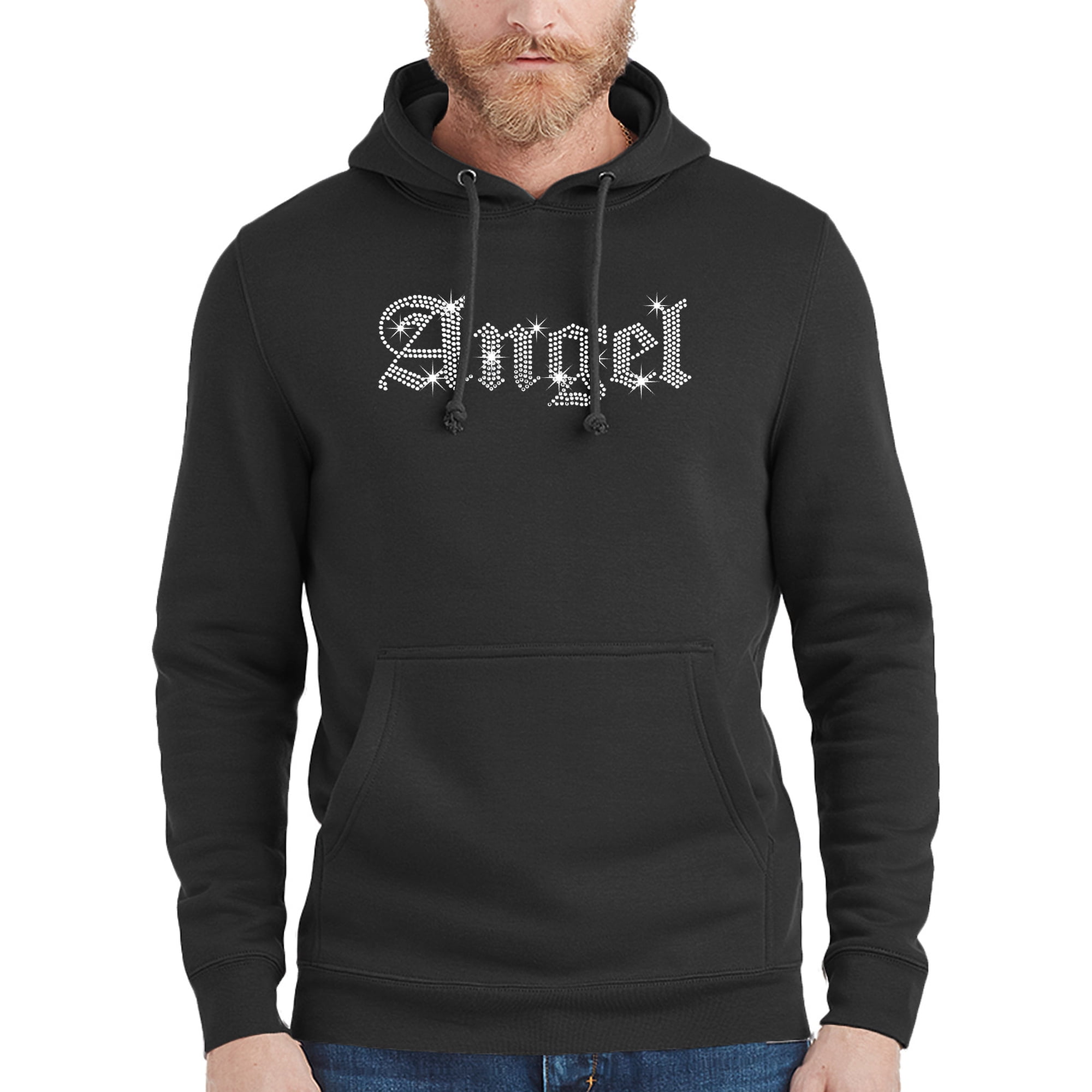 Men's Rhinestone Old English Angel Black Pullover Hoodie Sweater Small  Black - Walmart.com