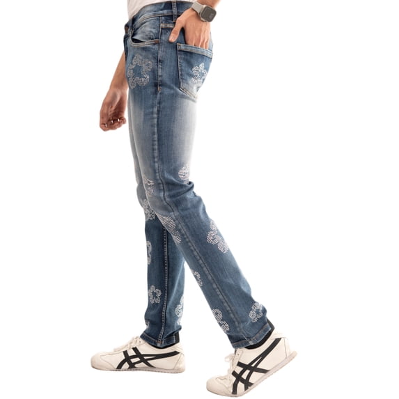 Men's Rhinestone Slim Straight Stretch Denim Jeans - Blue, Waist 32