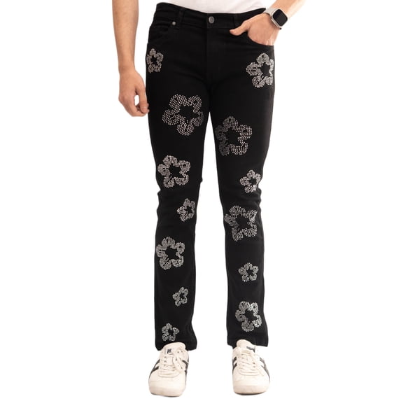 NOVASTILE Men's Slim Straight Rhinestone Jeans, Black, Waist 32