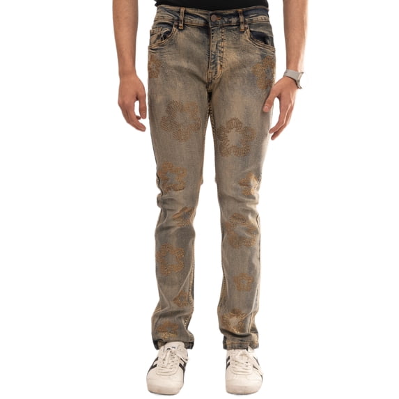 Men's Rhinestone Slim Straight Stretch Denim Jeans - Light Tint, Waist 28