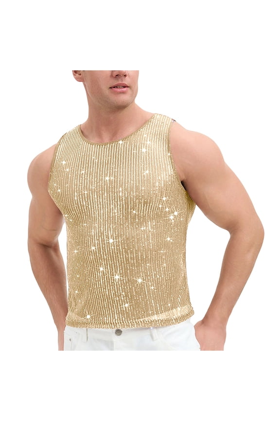 Men's Rhinestones Rave Outfits, Sparkly Mesh See Through Tank Tops, Men's Sheer Fishnet Shirt for Music Festival Size L-2XL Yellow