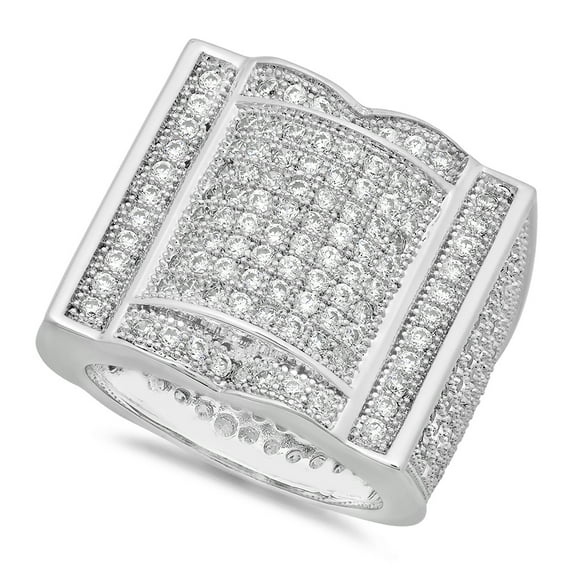Men's Rhodium Plated Micro-Pave Iced Out Cubic Zirconia Hip Hop Ring, Size 7