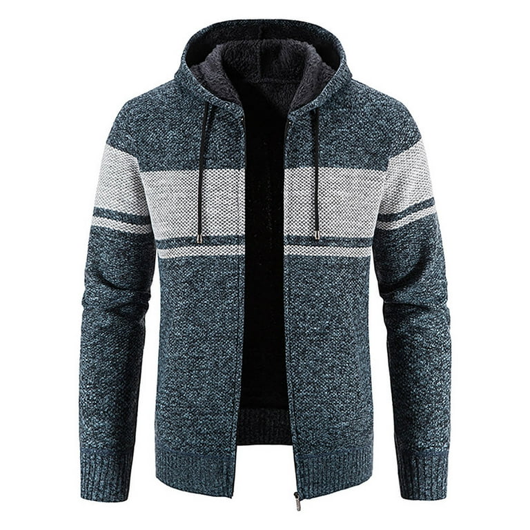 Men s Rib Knitted Zip Up Hooded Fleece Cardigan Sweater Winter Warm Sherpa Lined Jacket Coat Hoodies with Pockets Walmart