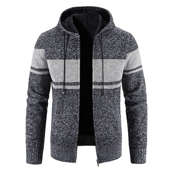 Men's Rib Knitted Zip Up Hooded Fleece Cardigan Sweater Winter Warm Sherpa Lined Jacket Coat Hoodies with Pockets