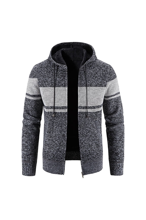 Men's Rib Knitted Zip Up Hooded Fleece Cardigan Sweater Winter Warm Sherpa Lined Jacket Coat Hoodies with Pockets