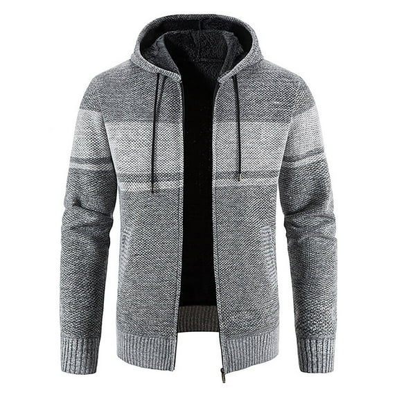 Men's Rib Knitted Zip Up Hooded Fleece Cardigan Sweater Winter Warm Sherpa Lined Jacket Coat Hoodies with Pockets