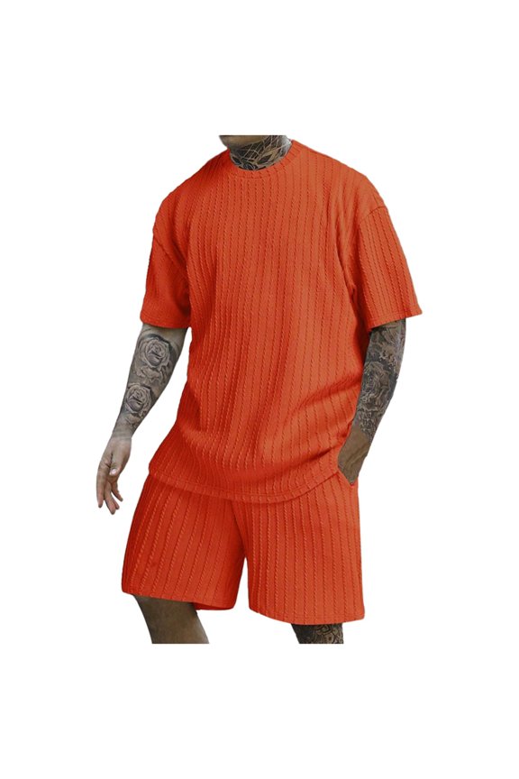 Men's Rib Shirt Short Sleeve And Shorts Slim Fit Muscle T Shirt Stretch Bodybuilding Exercise Rib Knit 2 Piece Set