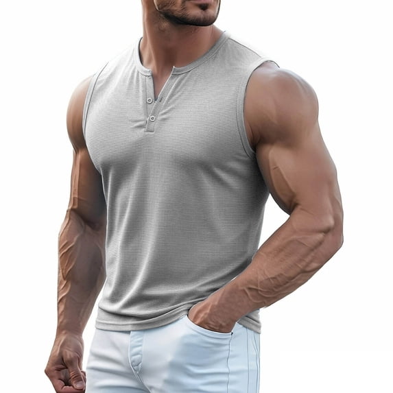 Men's Ribbed Henley Tank Tops Knit V Neck Sleeveless Workout T Shirt Muscle Gym Fitness Tee Gray