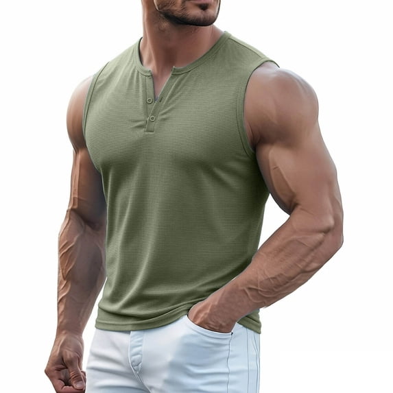 Men's Ribbed Henley Tank Tops Knit V Neck Sleeveless Workout T Shirt Muscle Gym Fitness Tee Green